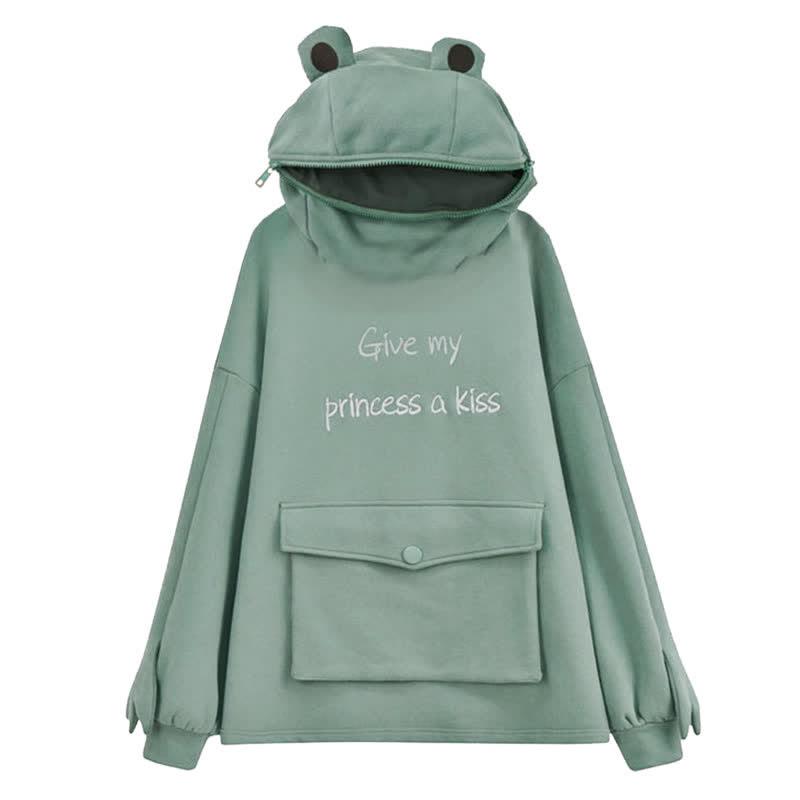 Give My Princess A Kiss Letter Embroidery Frog Zipper Pocket Oversized Hoodie  |   Sweatshirts & Hoodies Clothing Green