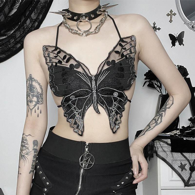 Gothic Butterfly See-Through Cami Crop Top  |   Crop Tops & Camis Clothing Black