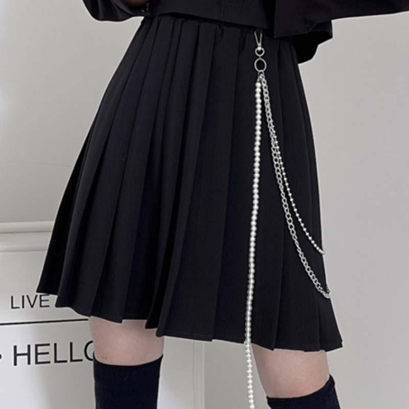 Gothic Chain Pure Color Pleated Skirt  |   Skirts Clothing Black