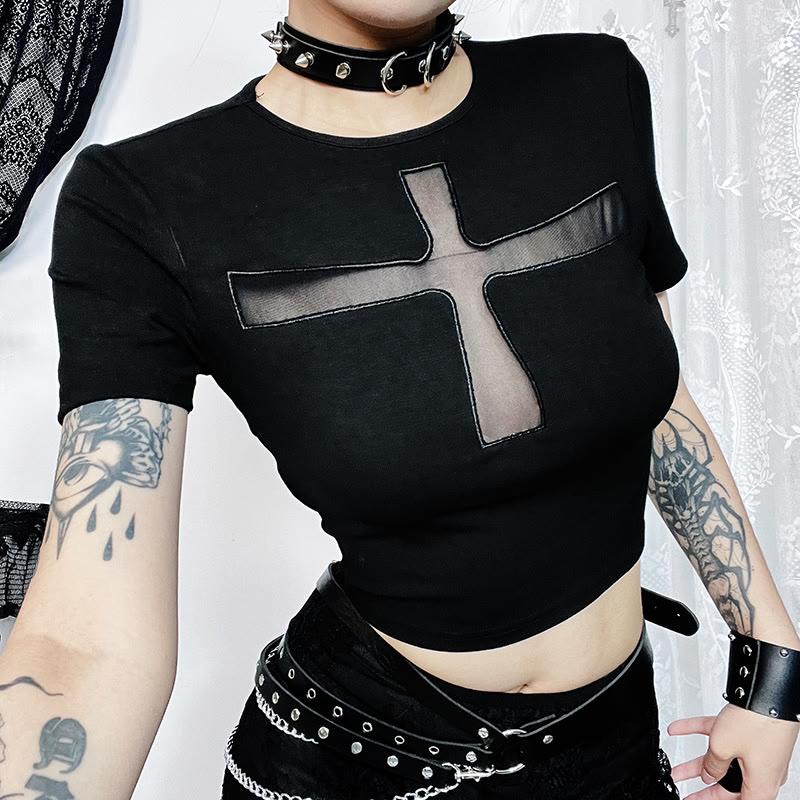 Gothic Crew Neck Hollow Cross T-Shirt  |   Crop Tops & Camis Clothing Black