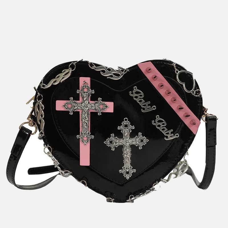 Gothic Heart Cross Chain Crossbody Bag  |   Crossbody Bag Bags Black