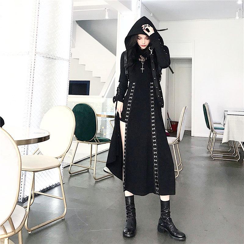 Gothic Lace Up Hollow Sweatshirt Split Long Dress Two Piece Set  |   Sweatshirts & Hoodies Clothing Dress