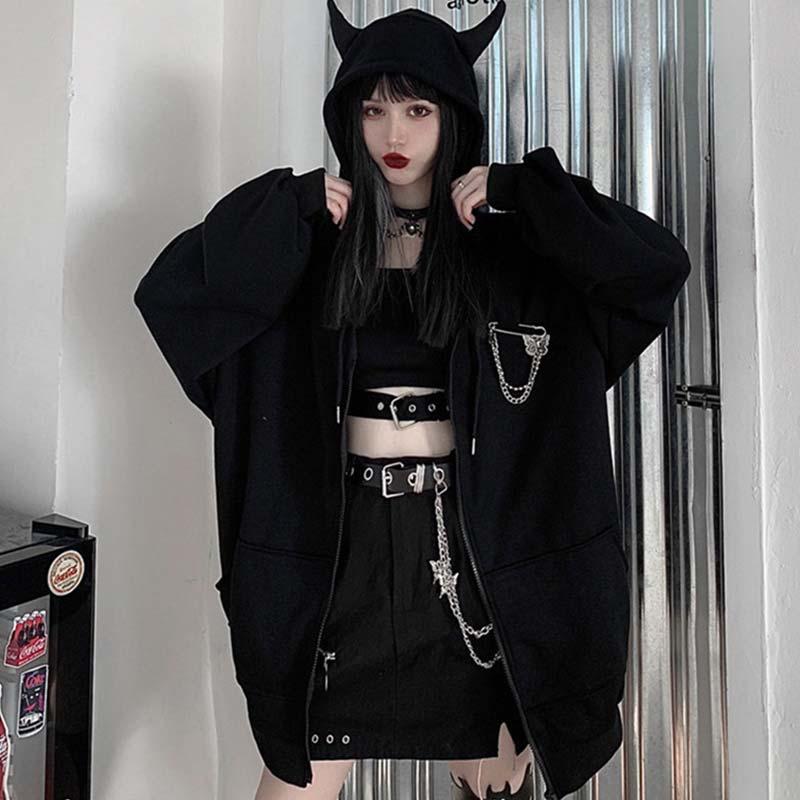 Gothic Little Demon Loose Hooded Coat  |   Outerwear Clothing Black