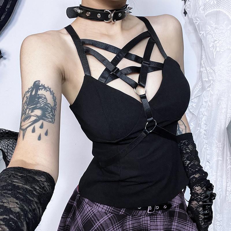 Gothic Pentagram Hollow Slip Crop Top  |   Crop Tops & Camis Clothing Black