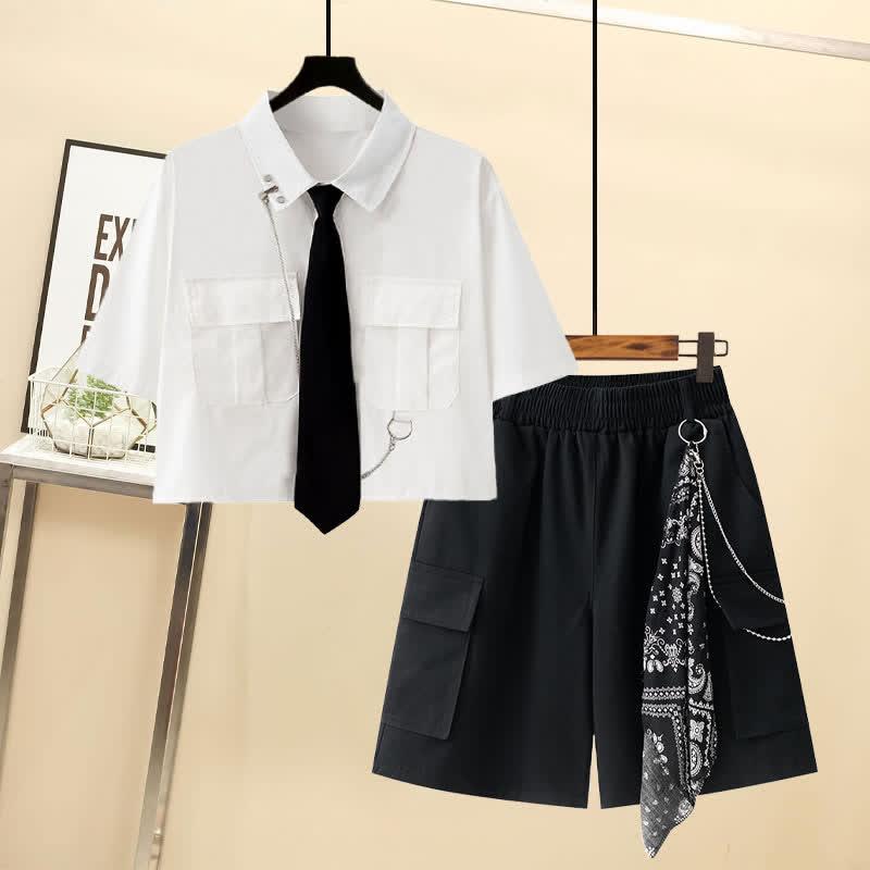 Gothic Pocket Lapel Tie T-Shirt Chain Cargo Shorts  |   T-Shirts Clothing Black Set