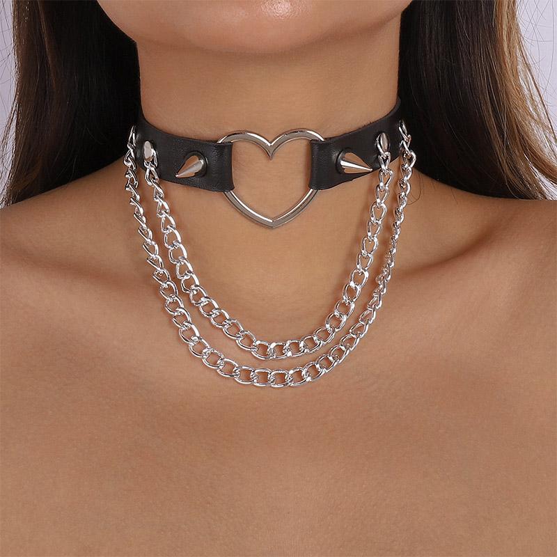 Gothic Rivet Double Chain Leather Choker  |   Jewelry Accessories A