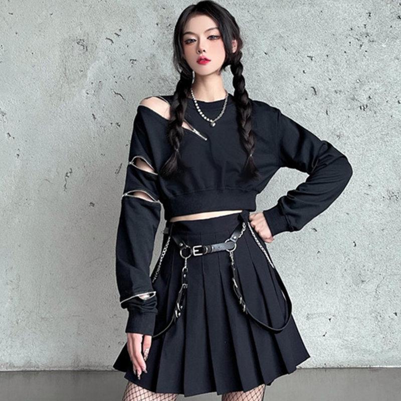 Gothic Zipper Short Sweatshirt Waistband Pleated Skirt Set  |   Sweatshirts & Hoodies Clothing Set