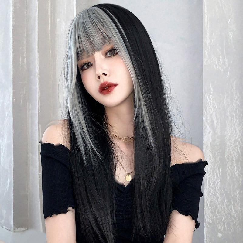 Gradient Color Long Straight Irregular Wig  |   Wigs Accessories Black White Gradient