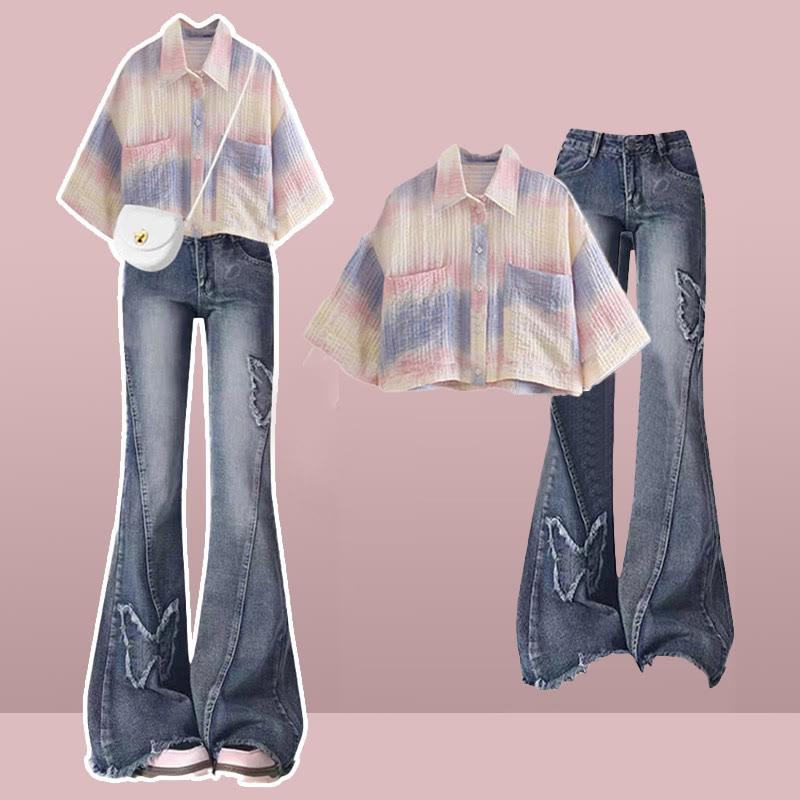 Gradient Shirt Butterfly Print Denim Pants Two Pieces  |   Pants Clothing Pants