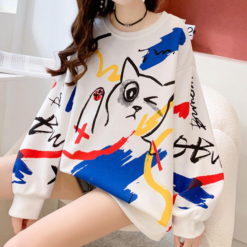 Graffiti Kiity Print Loose Round Collar Sweatshirt  |   Sweatshirts & Hoodies Clothing Black