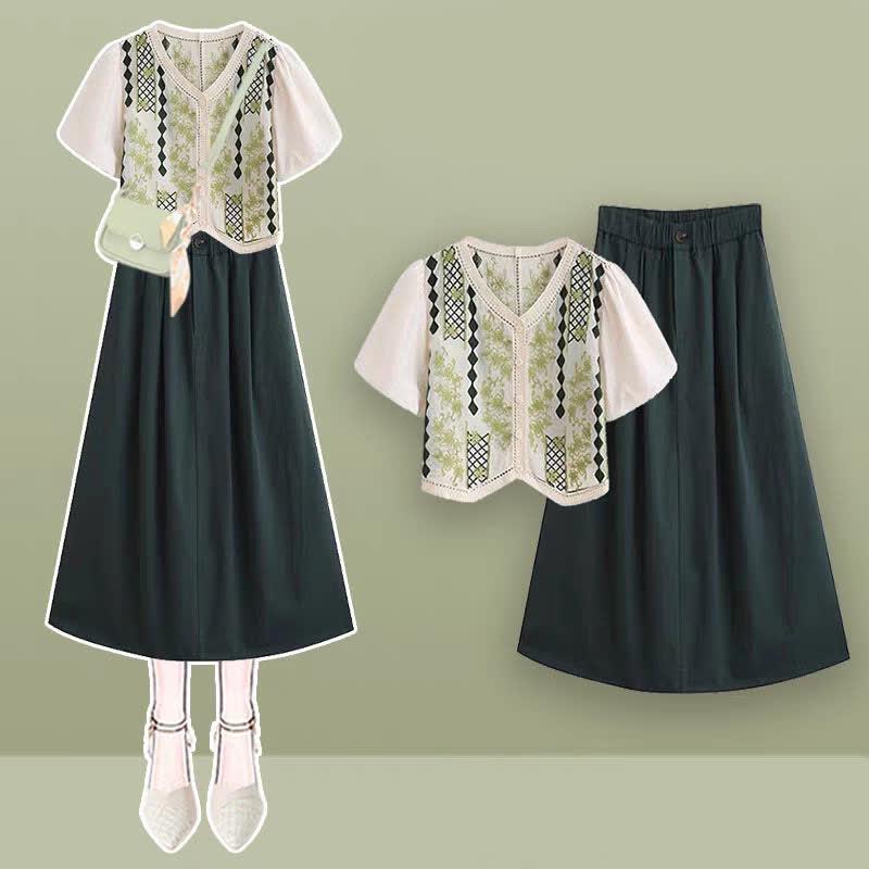 Graphic Embroidery Puff Sleeve T-Shirt High Waist Skirt  |   Skirts Clothing Set