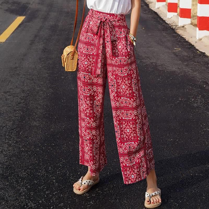 Graphic Printed High Waist Boho Wide Leg Split Casual Pants  |   Pants Clothing Pants