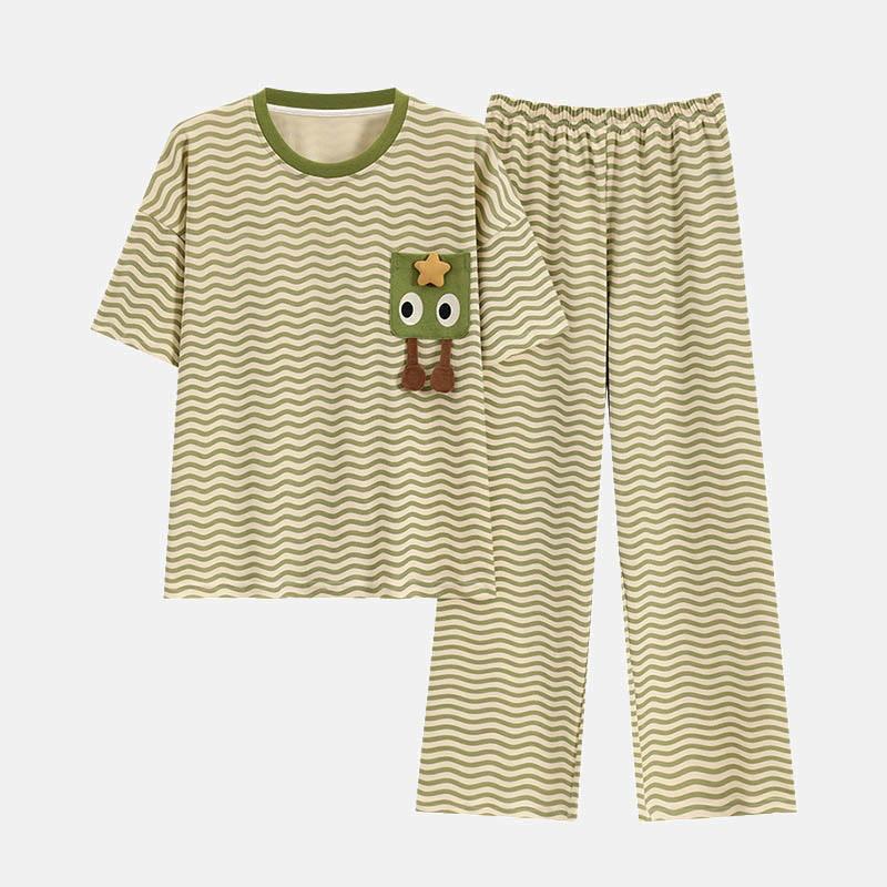 Green Stripe Print T-Shirt Pants Pajamas Two Piece Set  |   Pants Clothing Green