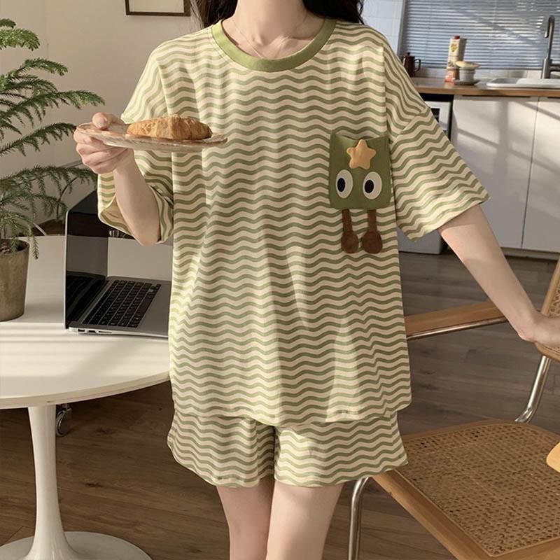 Green Stripe Print T-Shirt Shorts Pajamas Two Piece Set  |   Shorts Clothing Green