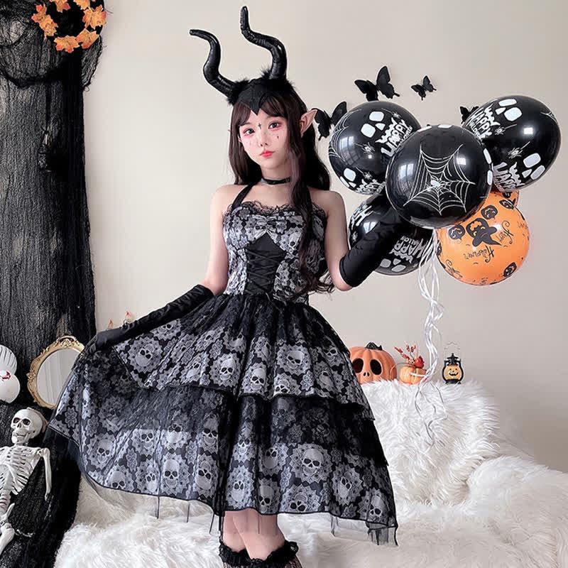 Halloween Cosplay Dark Skull Print Halter Lace Up Dress  |   Dresses Clothing Dress+Gloves+Headwear