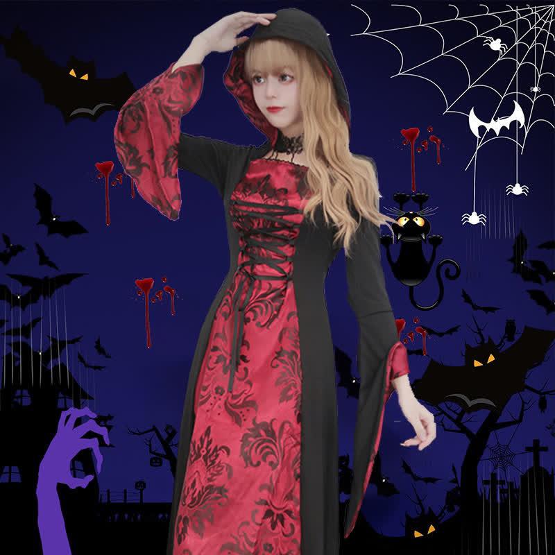 Halloween Cosplay Witch Coloblock Lace Up Hooded Long Dress  |   Dresses Clothing Dresses