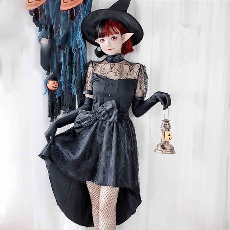 Halloween Cosplay Witch Irregular Bow Knot Cobweb Lace Dress  |   Dresses Clothing Black