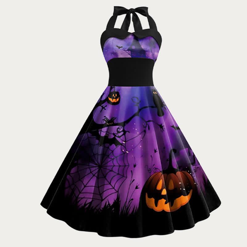 Halloween Printed Vintage Halter Lace Up Backless Dress  |   Dresses Clothing Black