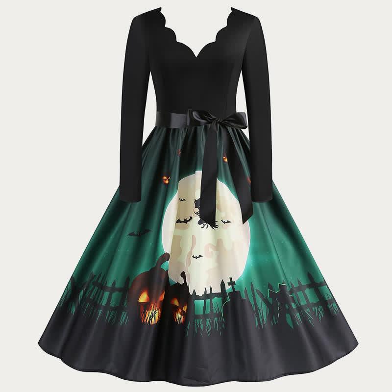 Halloween Pumpkin Bat Print V-Neck Long Sleeve Dress  |   Dresses Clothing Color A