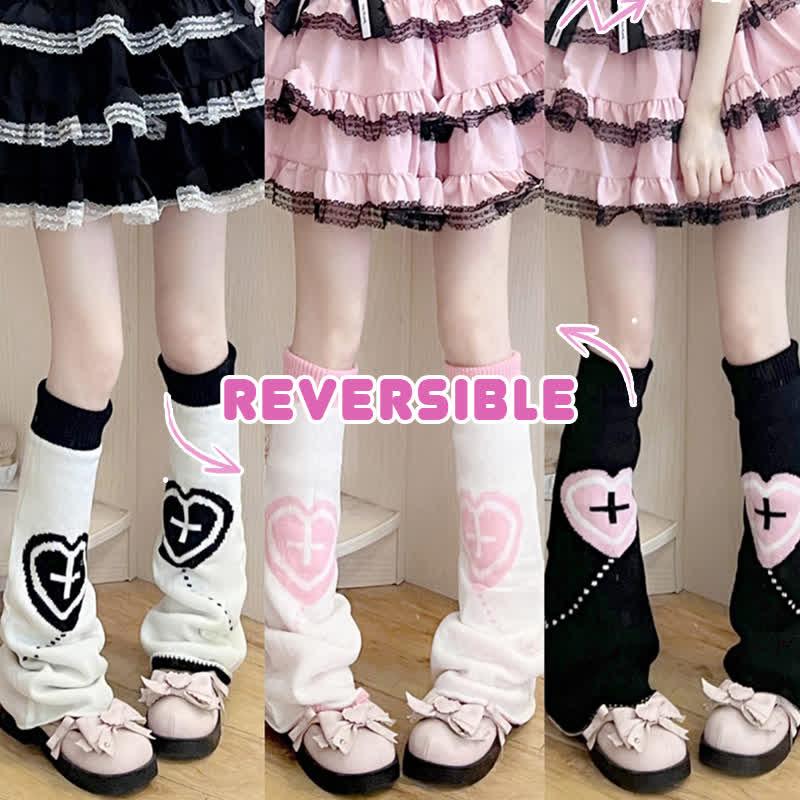 Harajuku Y2K Love Heart Cross Print Reversible Leg Warmers Socks  |   Socks Accessories Black&Pink