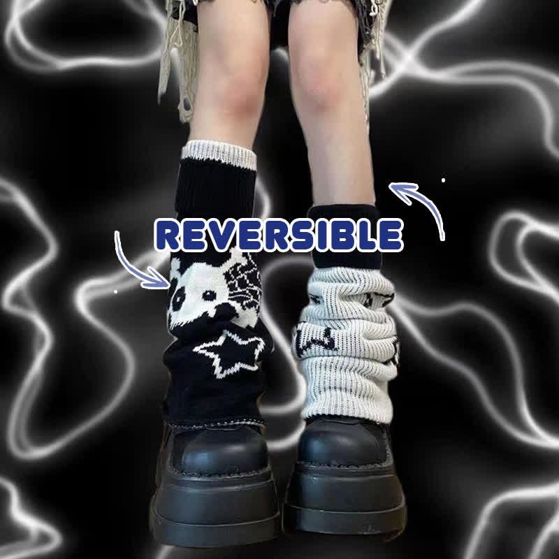 Harajuku Y2K Star Skull Print Reversible Leg Warmers Socks  |   Socks Accessories Black&Grey