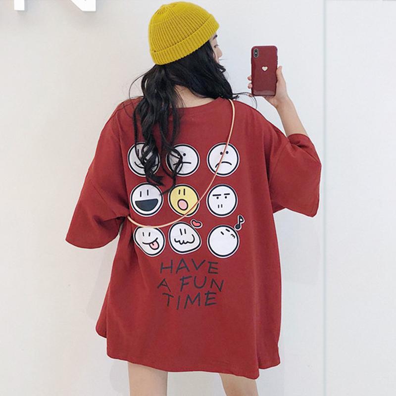 Have A Fun Time Emoji Print Oversized T-Shirt  |   T-Shirts Clothing Red