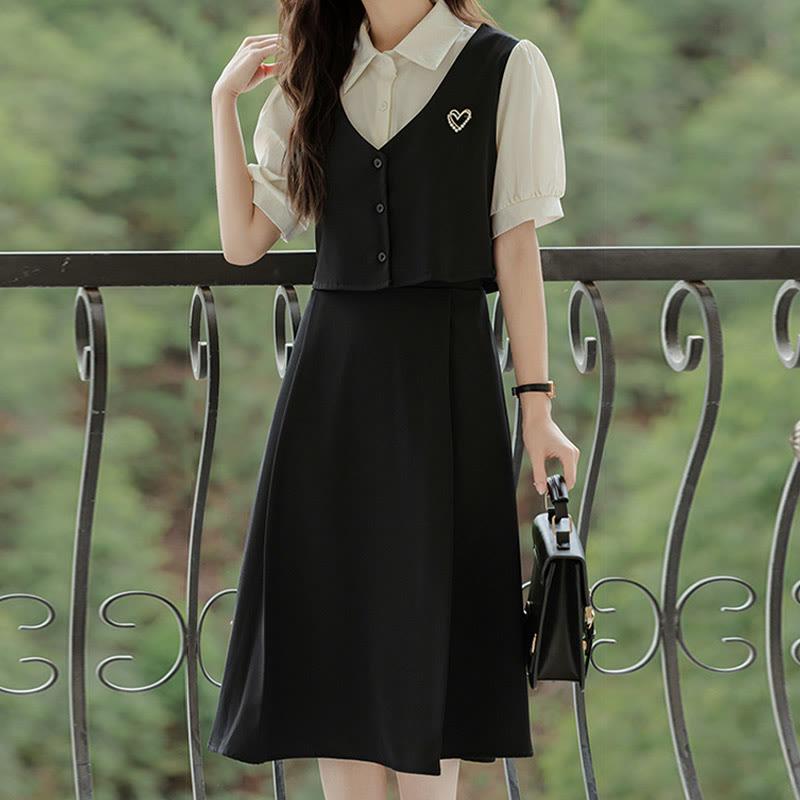 Heart Decoration Fake Two Pieces Color Block Dress  |   Dresses Clothing Black&White