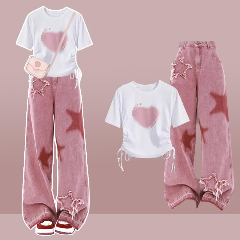 Heart Letter Print Drawstring T-Shirt Star Denim Pants Two Pieces  |   Pants Clothing Pants