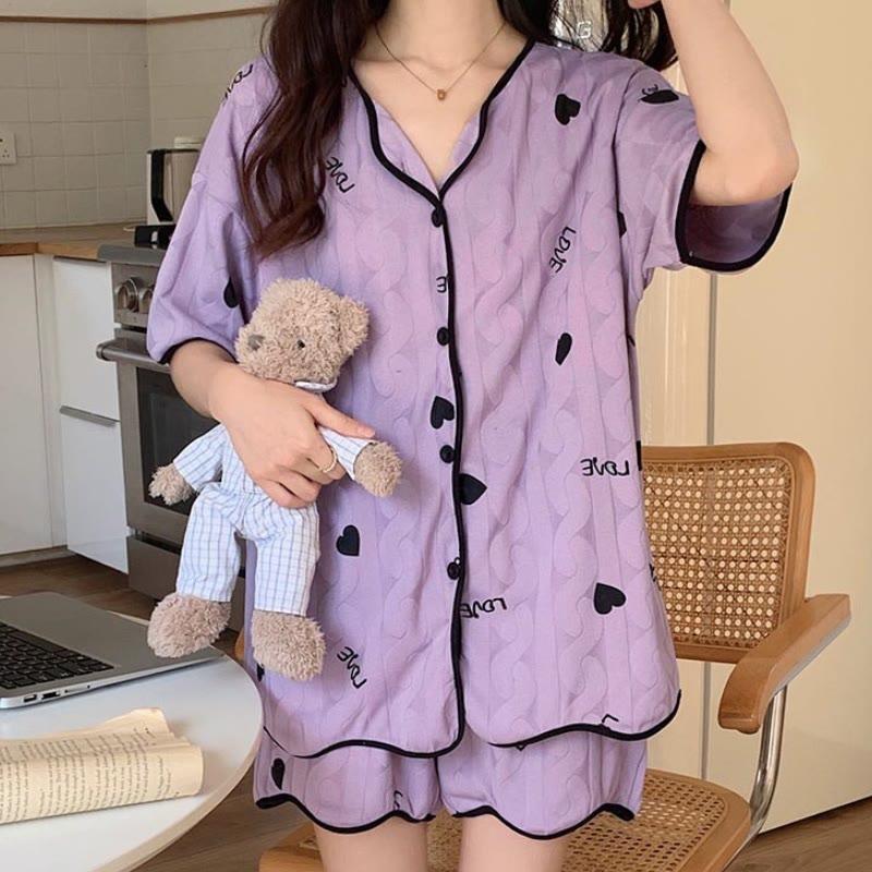 Heart Pattern Print Cotton T-Shirt Shorts Pajamas Set  |   Pajamas Clothing A