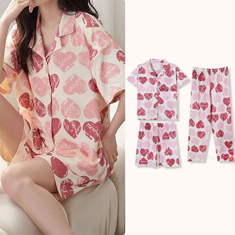 Heart Print Casual Summer Pajamas Three Piece Set  |   Pajamas Clothing Pajamas