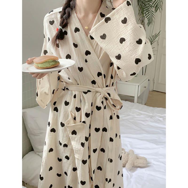 Heart Print Lace-Up Kimono Pajamas Dress  |   Pajamas Clothing Apricot