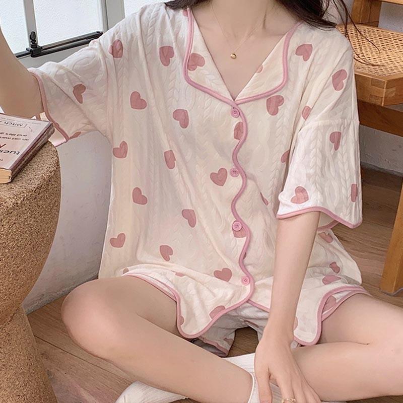 Heart Print V-Neck Cotton T-Shirt Shorts Pajamas Set With Breast Pads  |   Pajamas Clothing A