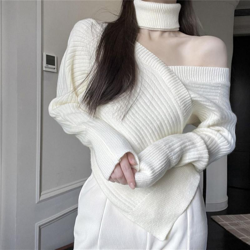 High Collar Cross Cold Shoulder Irregular Sweater  |   Sweater Clothing Sweater