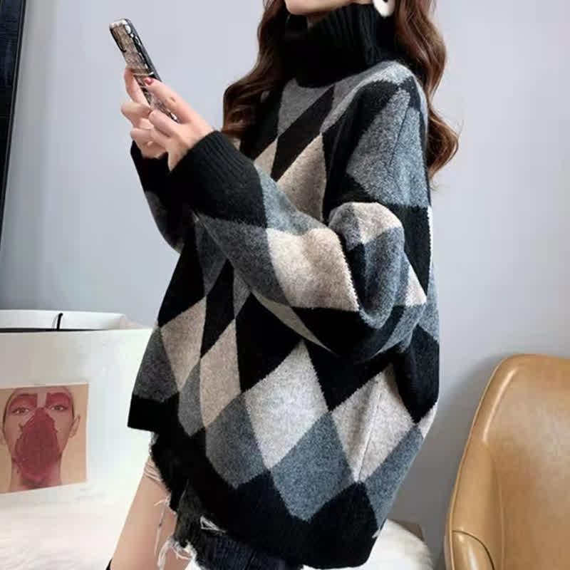 High Collar Rhombus Pattern Colorblock Knit Sweater  |   Sweater Clothing Black