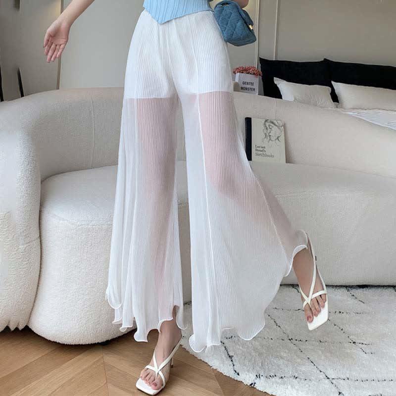 High Waist Chiffon See Through Wide Leg Flared Pants  |   Pants Clothing Black