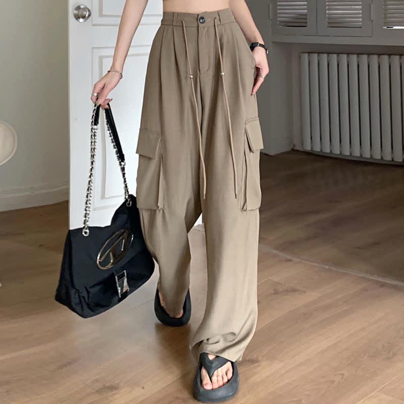 High Waist Drawstring Pocketed Casual Cargo Pants  |   Pants Clothing Black