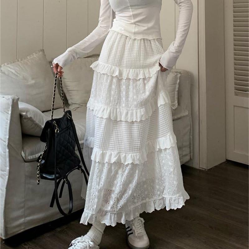 High Waist Hollow A-Line Long Skirt  |   Skirts Clothing Skirts