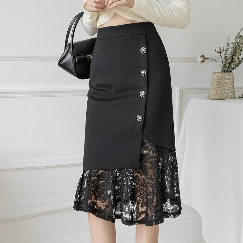 High Waist Lace Stitching Button Front Skirt  |   Skirts Clothing Black