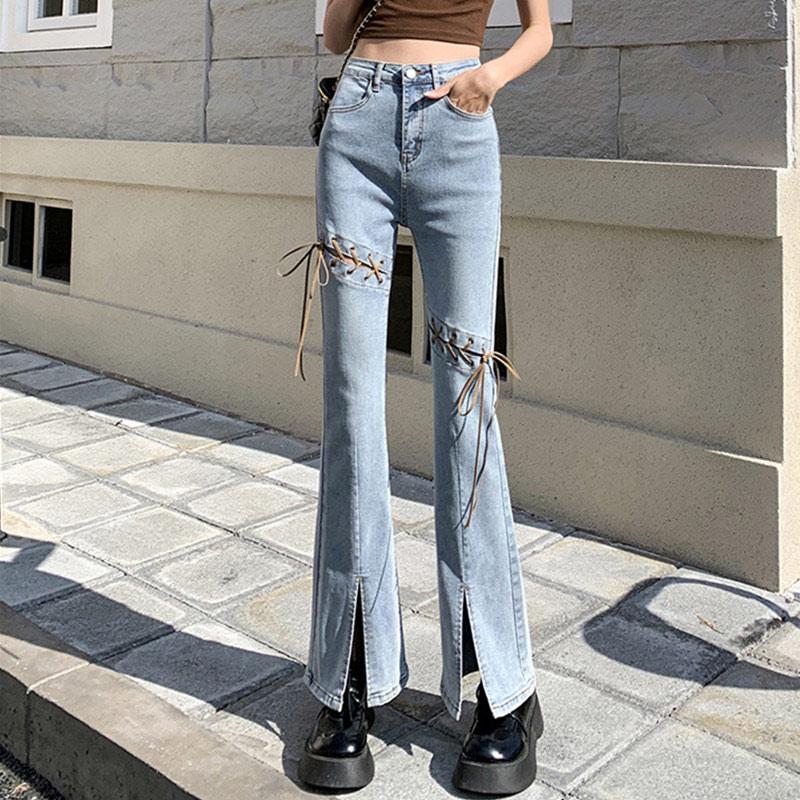 High Waist Lace Up Split Denim Pants  |   Pants Clothing Blue