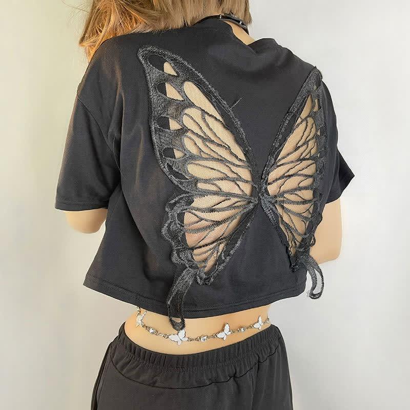 Hollow Out Butterfly Pattern Crop Top T-Shirt  |   Crop Tops & Camis Clothing Black