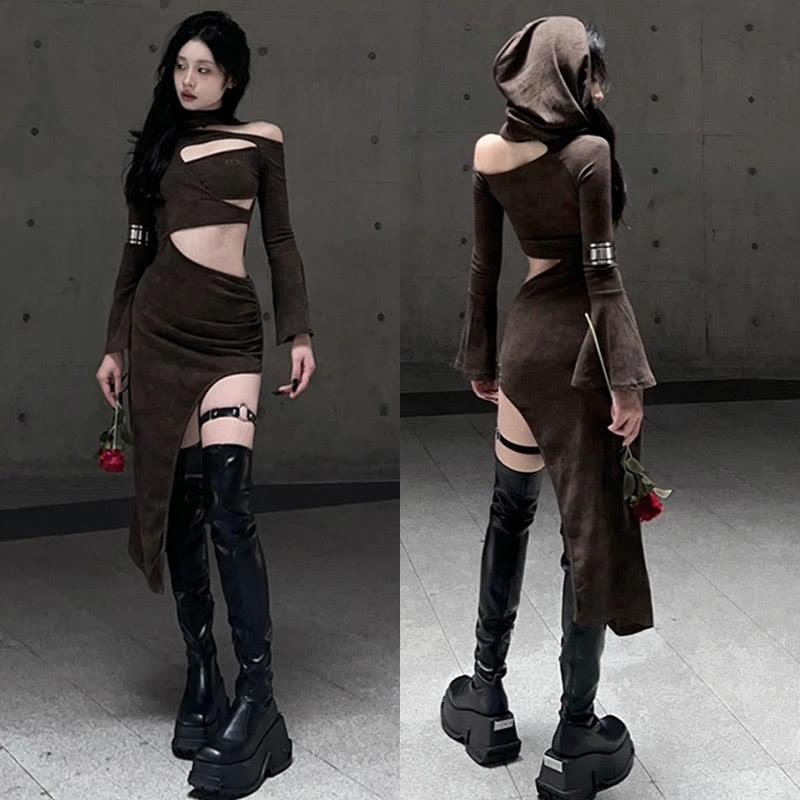 Hollow Out Hooded Split Dress  |   Dresses Clothing Brown