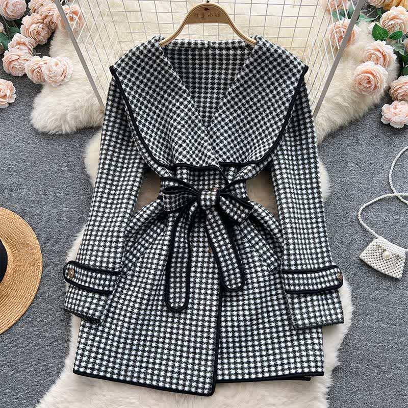 Houndstooth Print Sailor Collar Belted Coat  |   Outerwear Clothing Black