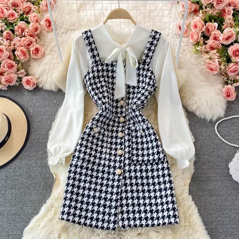 Houndstooth Print Slip Dress Lace Up Shirt Two Pieces Set  |   Dresses Clothing A