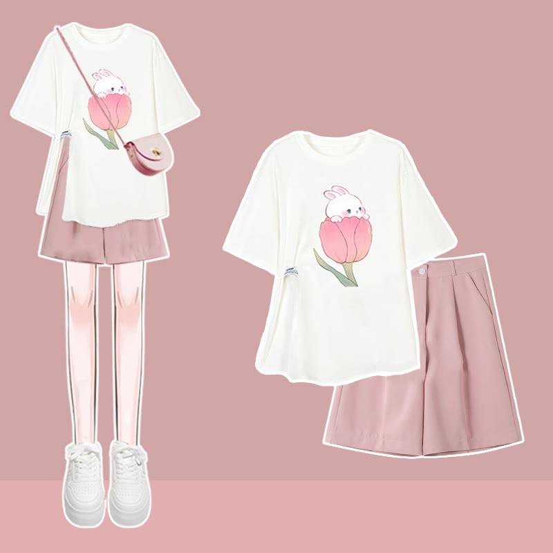 Irregular Cartoon Bunny Print T-Shirt Pure Color Shorts  |   Shorts Clothing Black Shorts