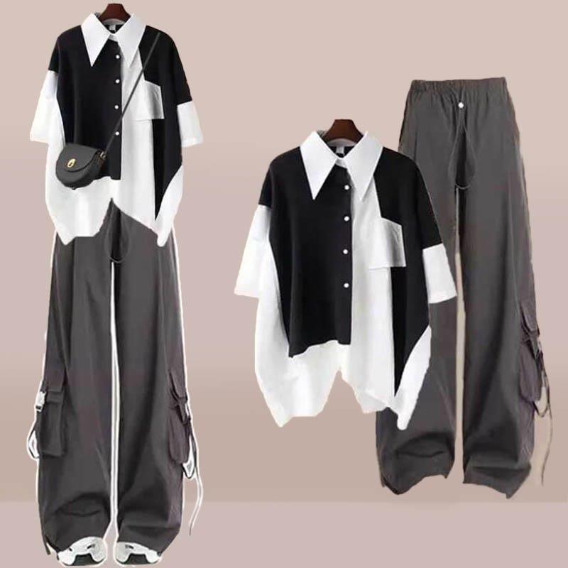 Irregular Color Block Shirt Cargo Pants Two Pieces  |   Pants Clothing Pants