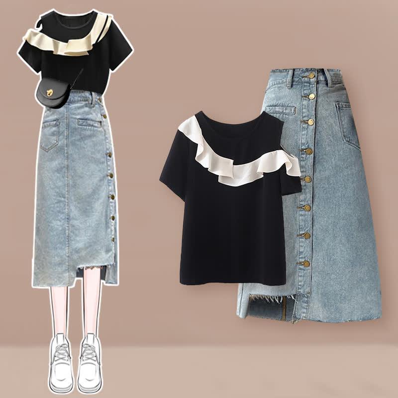 Irregular Flouncing T-Shirt High Waist Denim Skirt Pants  |   T-Shirts Clothing Set A