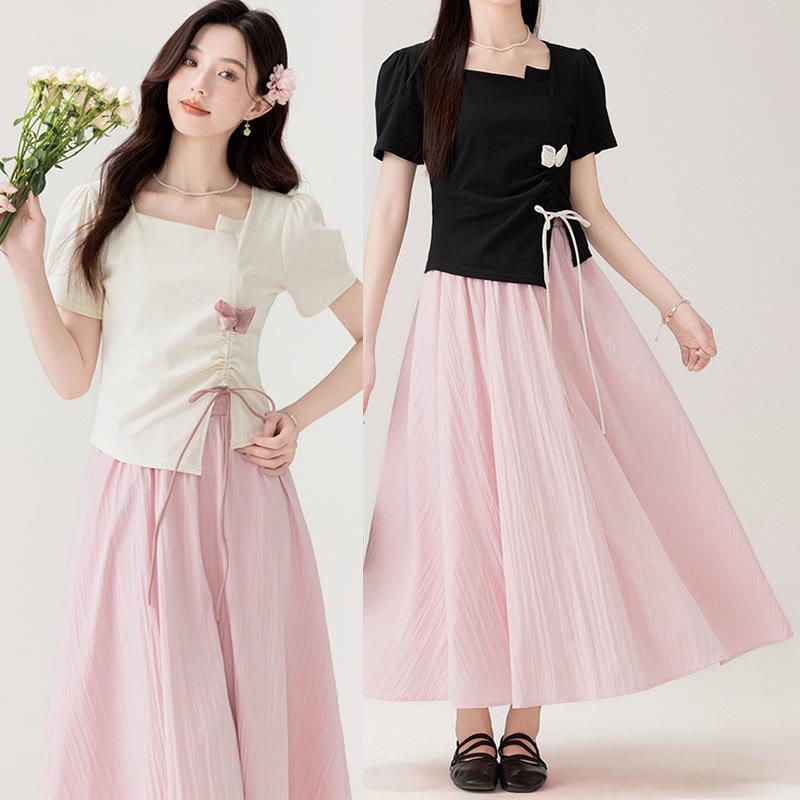 Irregular Lace-Up Bow Blouse Skirt Two Pieces Set  |   Skirts Clothing Apricot Blouse+Pink Skirt