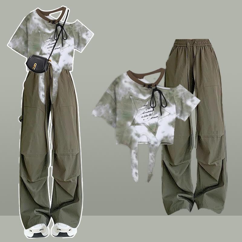 Irregular Lace-Up Star Print T-Shirt Cargo Pants Two Pieces  |   T-Shirts Clothing Pants