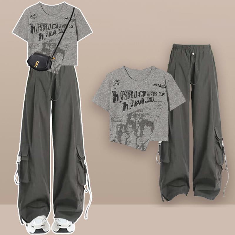 Irregular Letter Print T-Shirt Pure Color Cargo Pants  |   T-Shirts Clothing Pants