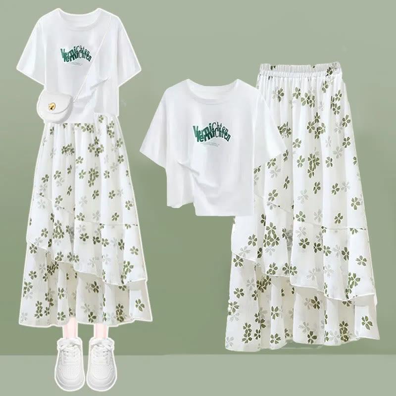 Irregular Letter Print T-Shirt Sakura Print Skirt Two Pieces  |   Skirts Clothing Set